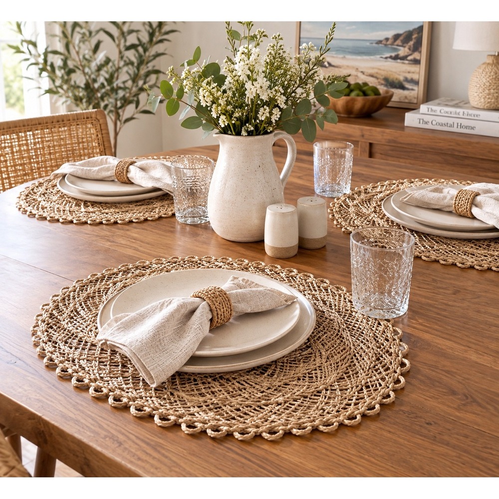 Set of 4 Natural Woven Seagrass Oval Placemats Scalloped Edge Coastal Boho Tan